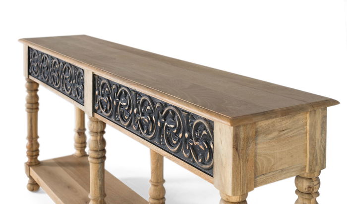 GINER Y COLOMER Consola de Madera de Mango con Acabado Natural y Gris Patinado, 174x47 cm