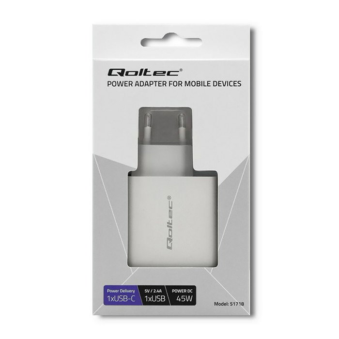 Qoltec Cargador de 45W USB Type-C PD y USB Blanco Qoltec Cargador de 45W USB Type-C PD y USB Blanco