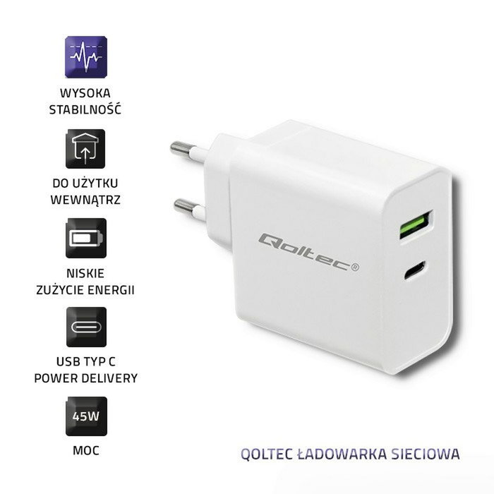 Qoltec Cargador de 45W USB Type-C PD y USB Blanco Qoltec Cargador de 45W USB Type-C PD y USB Blanco