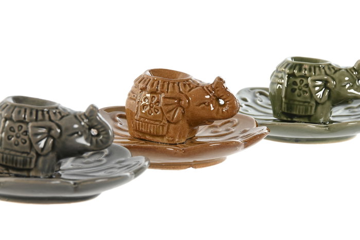 DKD Home Decor Soporte Incienso 11 x 4.5 x 11 cm (12 Unidades) Gres Verde Mostaza Gris Elefante