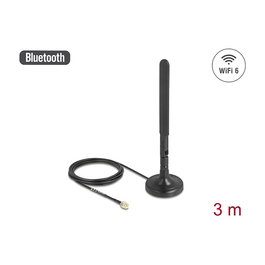 DeLOCK Antena WiFi 6 (802.11ax) RP-SMA 3 dBi Omnidireccional, Conector Macho, Cable RG-174 3 m, Base Magnética y Articulación Inclinable, Negro, 10039