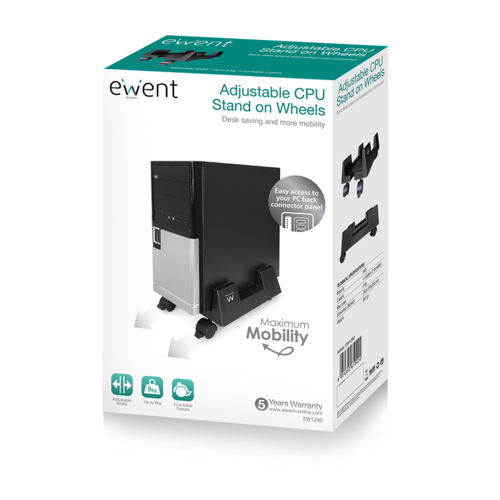 EWENT Soporte CPU EW1290 con Ruedas y Base Ajustable para Carcasa de Ordenador Escritorio Negro