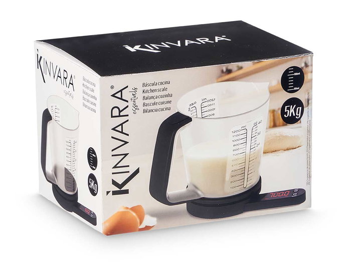 Báscula Jarra Medidora Kinvara Negra 21x17x14.5cm con Pilas AAA, Máx 5 Kg (Set de 6)
