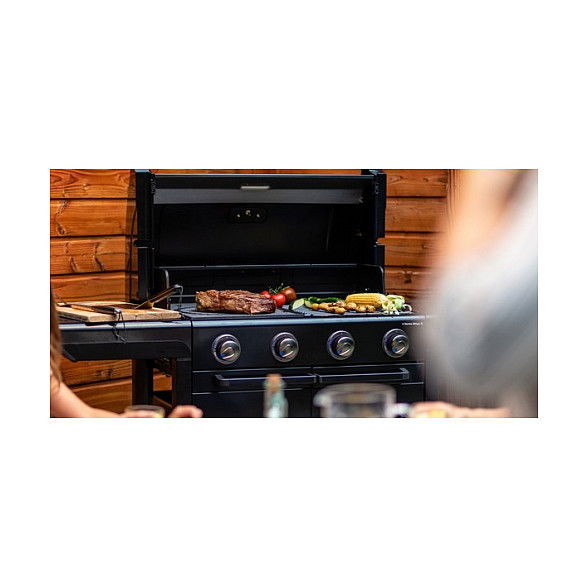 Campingaz 4 Series Onyx S 37386 Parrilla de Gas, 4 Zonas con Encendido Electrónico, Termómetro y Carro, Superficie 720 x 460 mm, Color Negro
