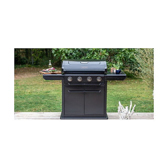 Campingaz 4 Series Onyx S 37386 Parrilla de Gas, 4 Zonas con Encendido Electrónico, Termómetro y Carro, Superficie 720 x 460 mm, Color Negro