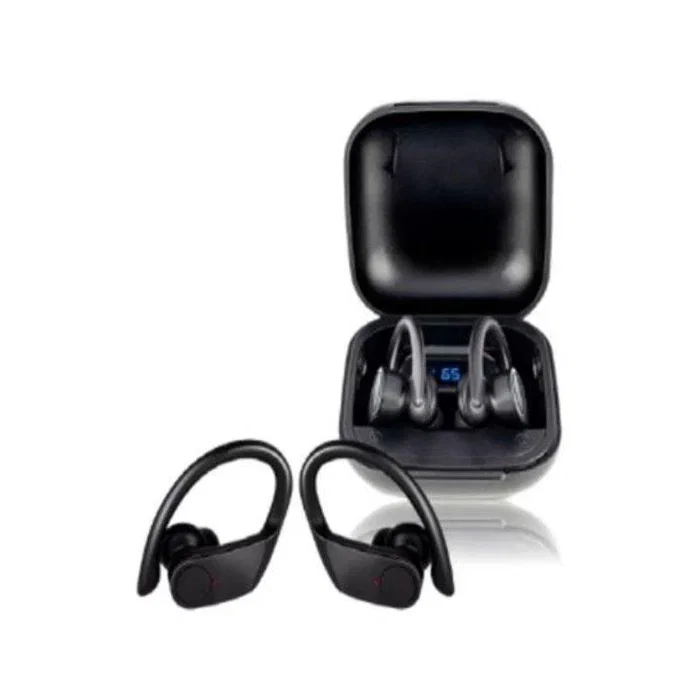 Daewoo Auriculares Inalámbricos Deportivos TWS Sport con Gancho, Bluetooth 5.0, Indicador LED de Batería, 30mAh/300mAh, Carga Tipo C, Color Negro