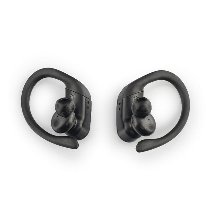 Daewoo Auriculares Inalámbricos Deportivos TWS Sport con Gancho, Bluetooth 5.0, Indicador LED de Batería, 30mAh/300mAh, Carga Tipo C, Color Negro