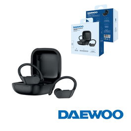 Daewoo Auriculares Inalámbricos Deportivos TWS Sport con Gancho, Bluetooth 5.0, Indicador LED de Batería, 30mAh/300mAh, Carga Tipo C, Color Negro