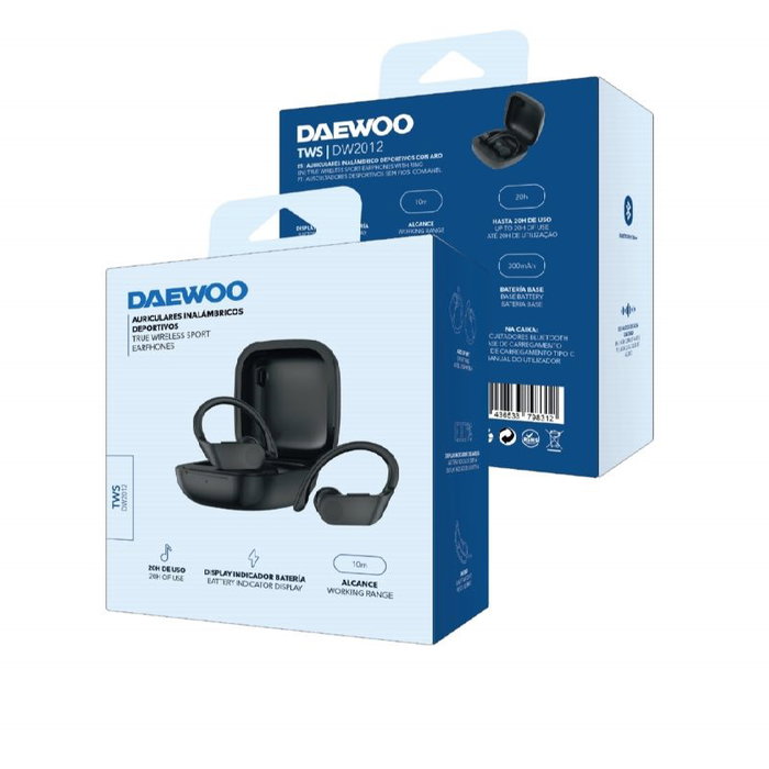 Daewoo Auriculares Inalámbricos Deportivos TWS Sport con Gancho, Bluetooth 5.0, Indicador LED de Batería, 30mAh/300mAh, Carga Tipo C, Color Negro