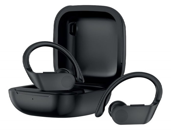 Daewoo Auriculares Inalámbricos Deportivos TWS Sport con Gancho, Bluetooth 5.0, Indicador LED de Batería, 30mAh/300mAh, Carga Tipo C, Color Negro