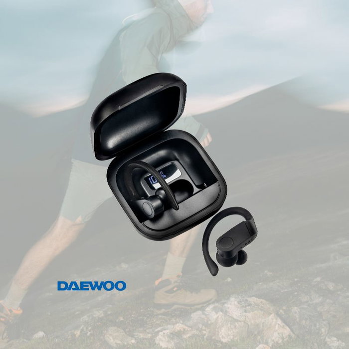 Daewoo Auriculares TWS Sport Inalámbricos Bluetooth 5.0 con Gancho LED Indicador Batería 30mAh/300mAh Tipo C Negro