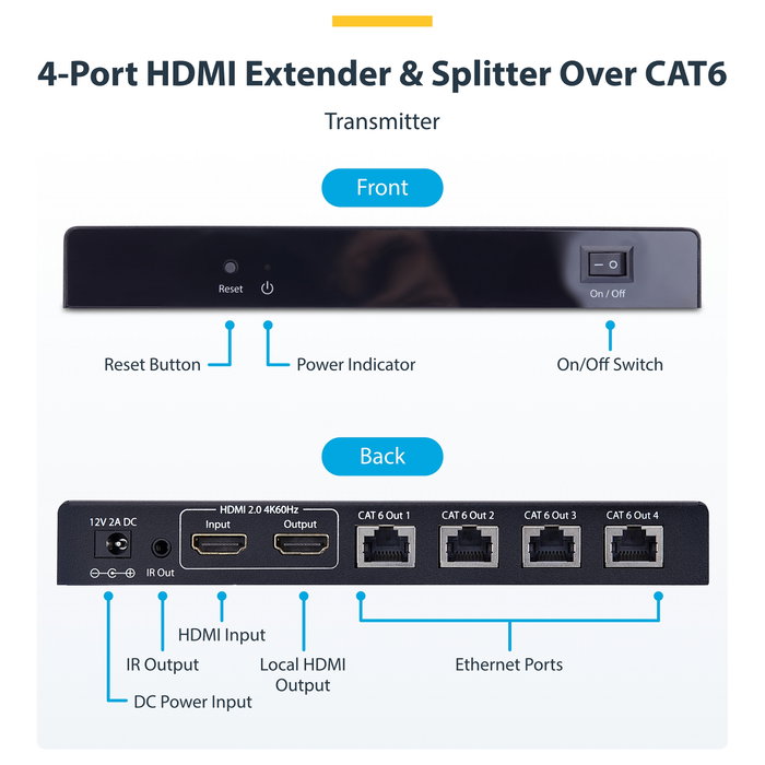 StarTech 4K7014IC-EXTEND-HDMI Extensor y Divisor HDMI de 4 Puertos 4K 60Hz por CAT6 StarTech 4K7014IC-EXTEND-HDMI Extensor y Divisor HDMI de 4 Puertos 4K 60Hz por CAT6