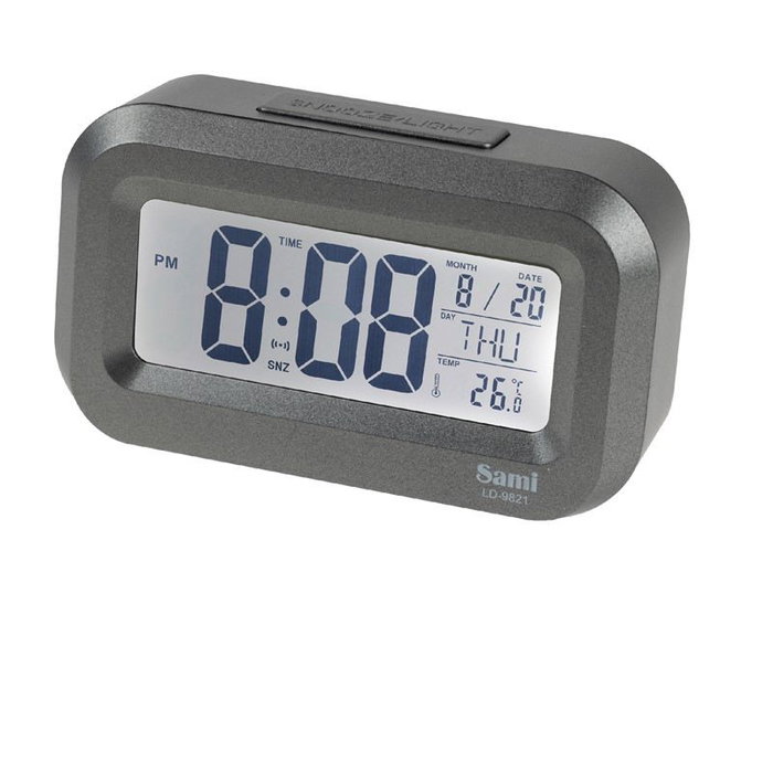 SAMI Despertador mini LCD con luz LED, termómetro y 9 melodías - Plata oscuro