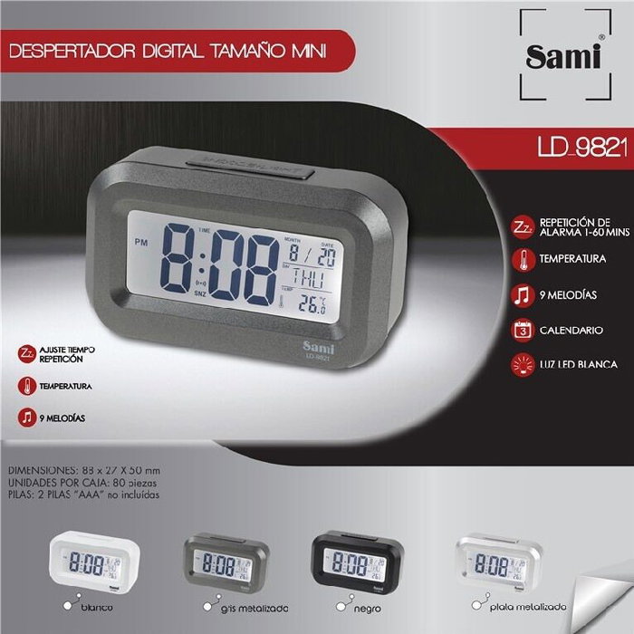 SAMI Despertador mini LCD con luz LED, termómetro y 9 melodías - Plata oscuro