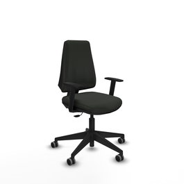 Silla de oficina Elche con mecanismo Contacto permanente básico tapizada con Tela color Negro. Equipada con Base piramidal negra, Brazos 1D y Ruedas 65 mm parqué