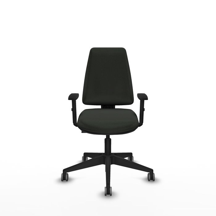 Silla de oficina Elche con mecanismo Contacto permanente básico tapizada con Tela color Negro. Equipada con Base piramidal negra, Brazos 1D y Ruedas 65 mm parqué Silla de oficina Elche con mecanismo Contacto permanente básico tapizada con Tela color Negro. Equipada con Base piramidal negra, Brazos 1D y Ruedas 65 mm parqué