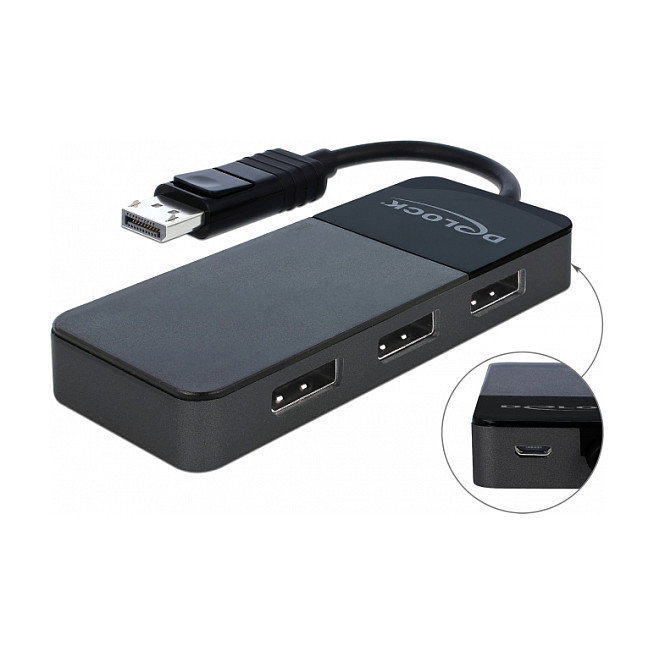 DeLOCK 87737 Splitter DisplayPort 1.4 Activo 1 Entrada a 3 Salidas 8K 7680 x 4320 Pixeles a 30 Hz con Alimentacion USB