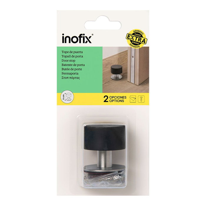 Inofix Tope de puerta alto de acero inoxidable acabado negro con amortiguador fijación tornillos y adhesivo blister
