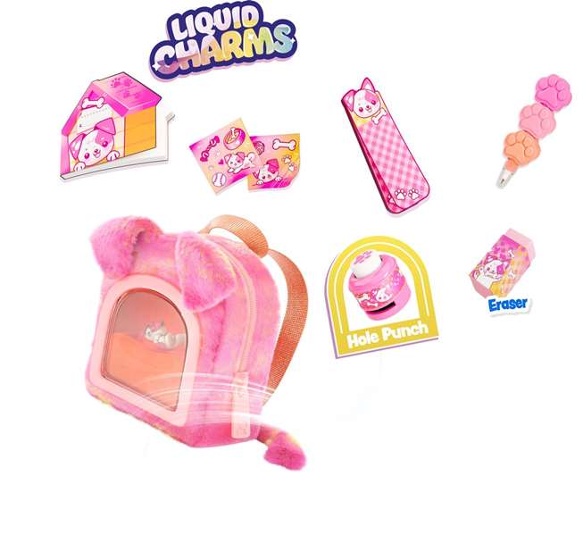 Cefa Mochila Mini de Peluche Coleccionable Liquid Charms con 6 Accesorios, 10 cm, Modelo Surtido Aleatorio