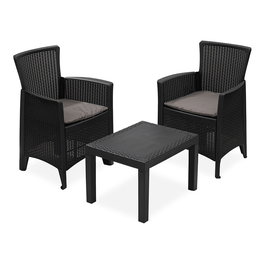 Ipae Progarden F123 Conjunto de Jardín y Terraza 3 Piezas con Cojines - Sillones y Mesa Efecto Rattán Polipropileno Color Antracita - Para Jardín y Terraza