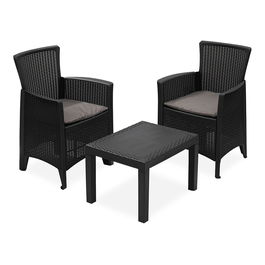 Ipae Progarden Conjunto jardín Forest 3 piezas antracita + cojines - 2 sillones y mesa ratán polipropileno, sillón 59x57x85.5 cm mesa 59x46x40 cm