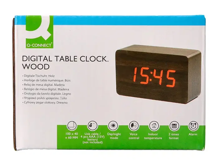 Q-connect Reloj de Sobremesa Digital con Acabado en Madera y Luz Roja 100x40x60mm