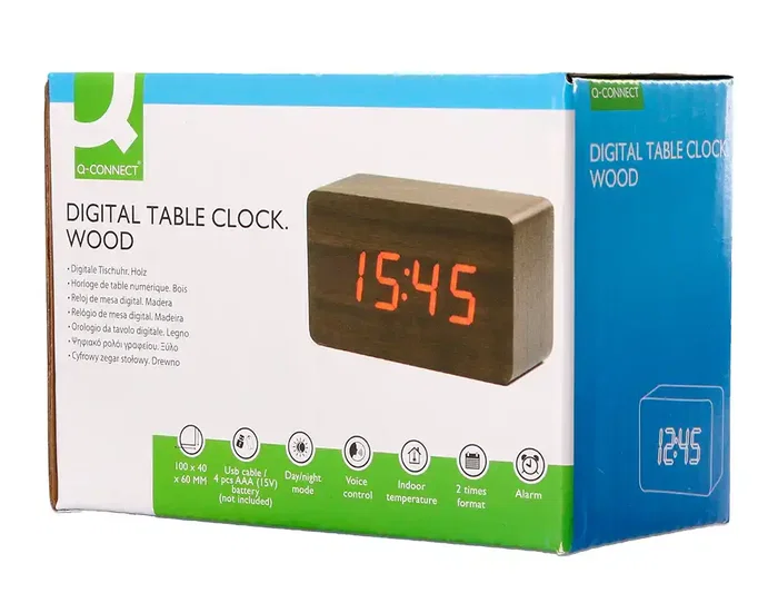 Q-connect Reloj de Sobremesa Digital con Acabado en Madera y Luz Roja 100x40x60mm