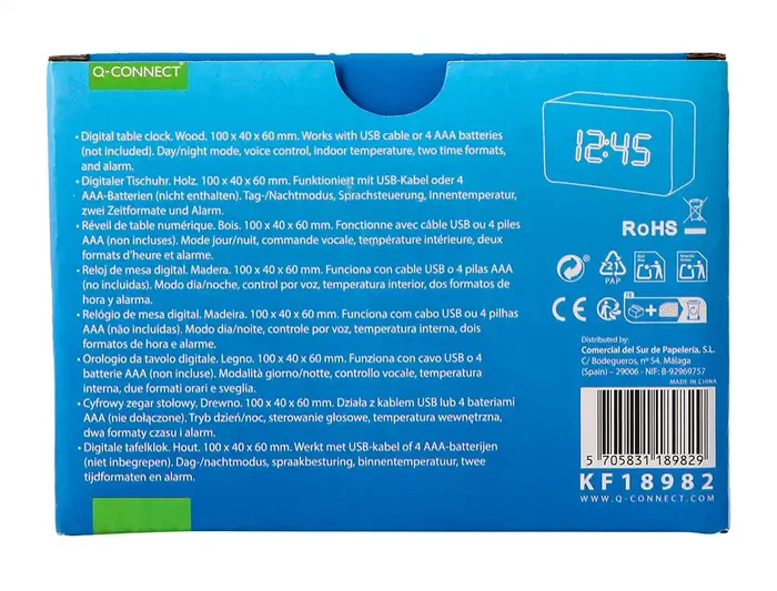 Q-connect Reloj de Sobremesa Digital con Acabado en Madera y Luz Roja 100x40x60mm