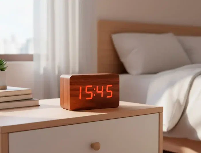 Q-connect Reloj de Sobremesa Digital con Acabado en Madera y Luz Roja 100x40x60mm