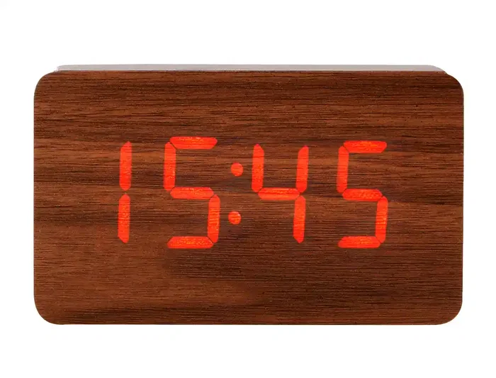 Q-connect Reloj de Sobremesa Digital con Acabado en Madera y Luz Roja 100x40x60mm