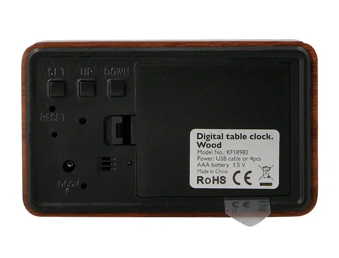 Q-connect Reloj de Sobremesa Digital con Acabado en Madera y Luz Roja 100x40x60mm