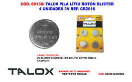 TALOX Pila de Litio Botón CR2016 3V, 4 Unidades