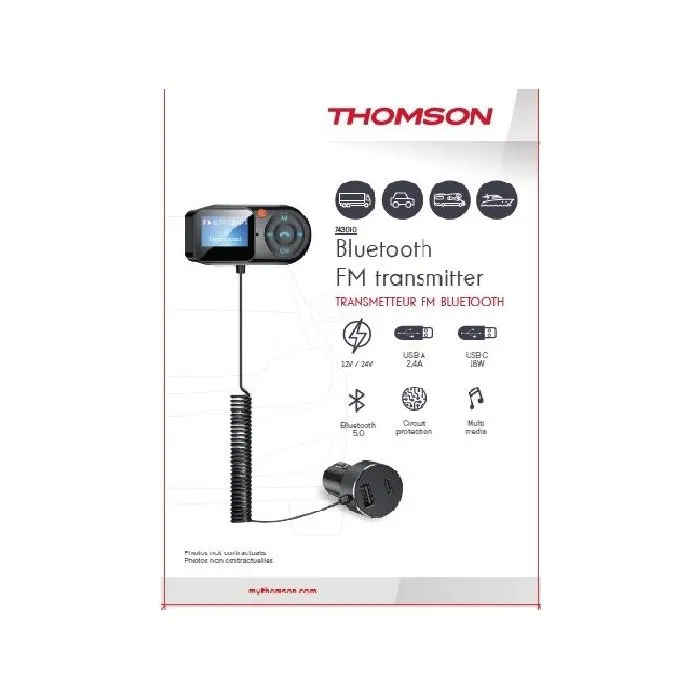 Thomson THO3513767430104 Transmisor FM 12/24V con Pantalla Remota y Voltímetro, Cable 2m