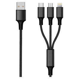 2GO 797154 Cable USB 3 en 1 para Carga, 3 m, USB-A a USB-C/Micro-USB/Lightning, Nylon Negro