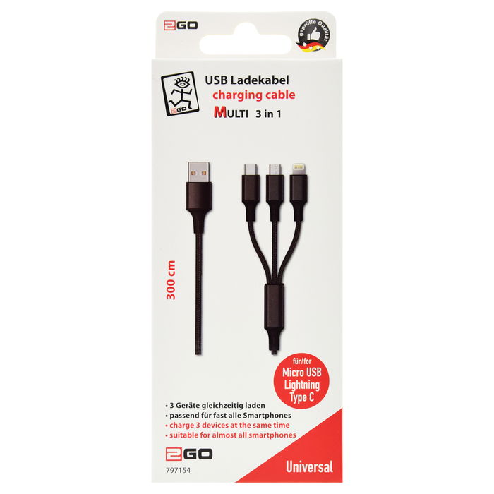 2GO 797154 Cable USB 3 en 1 para Carga, 3 m, USB-A a USB-C/Micro-USB/Lightning, Nylon Negro