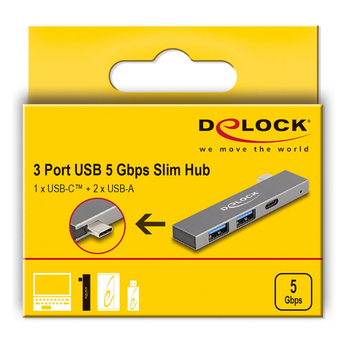 DeLOCK Concentrador USB Slim 3 Puertos (1 x USB-C + 2 x USB-A) Gris