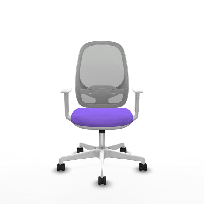 Silla de oficina Cilanco con mecanismo Sincro tapizada con Tela color Lila y malla color Gris. Equipada con lumbar 1D, Reposabrazos blancos y Ruedas 65mm nailon Silla de oficina Cilanco con mecanismo Sincro tapizada con Tela color Lila y malla color Gris. Equipada con lumbar 1D, Reposabrazos blancos y Ruedas 65mm nailon