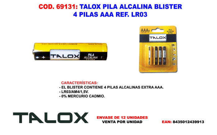 TALOX Pilas Alcalinas AAA LR03, Blíster de 4 unidades TALOX Pilas Alcalinas AAA LR03, Blíster de 4 unidades