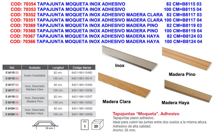 BRINOX Tapajunta Moqueta Inox Adhesivo Madera Haya 82 cm BRINOX Tapajunta Moqueta Inox Adhesivo Madera Haya 82 cm