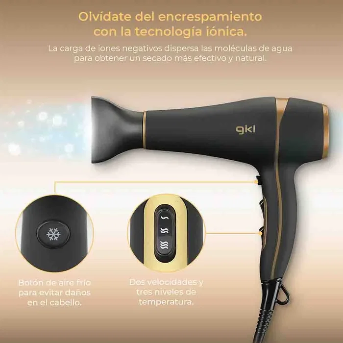 GKL ONYX S2200 Secador de Pelo Profesional 2200W, Tecnología Iónica, 2 Velocidades y 3 Temperaturas, Función Aire Frío, Negro y Oro