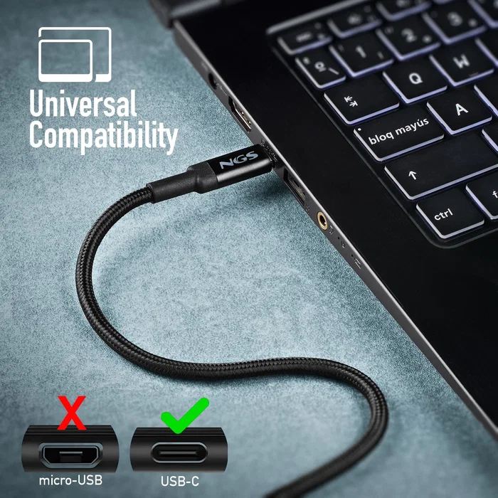 NGS Cable USB-C a USB-C USB 2.0 Macho para Carga Rápida hasta 65W y Transferencia de Datos 480 Mbps, Longitud 3 Metros, Color Negro