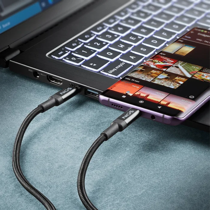 NGS Cable USB-C a USB-C USB 2.0 Macho para Carga Rápida hasta 65W y Transferencia de Datos 480 Mbps, Longitud 3 Metros, Color Negro