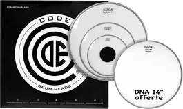CODE LAW Pack de Parches para Batería, Transparente, Rock/American Fusion (10", 12", 16" + Dna 14"), Sonido Vintage 70 Style, Grosor 10 mil, Refuerzo Central, Tecnología GRIP-TIGHT