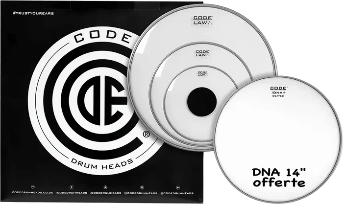 CODE LAW Pack de Parches para Batería, Transparente, Rock/American Fusion (10", 12", 16" + Dna 14"), Sonido Vintage 70 Style, Grosor 10 mil, Refuerzo Central, Tecnología GRIP-TIGHT