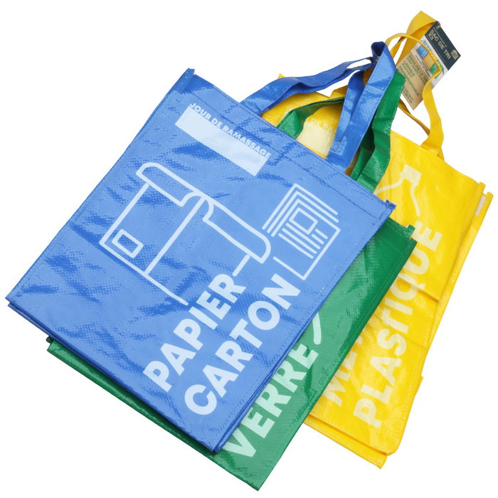 Je cherche une Idee Juego 3 Bolsas Reciclaje Separación Desechos Papel Cartón Metal Plástico Vidrio 28.5x27.5x40.5 cm