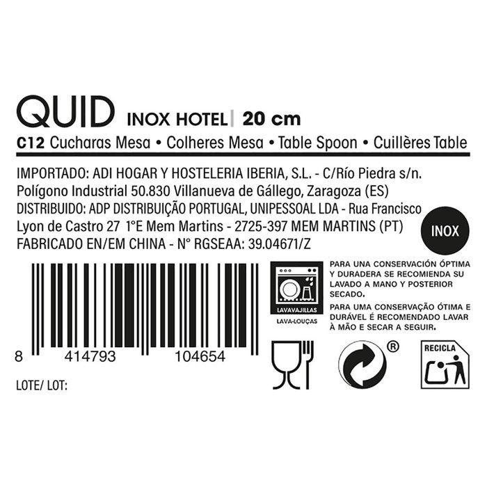 Caja 12 Cucharas Mesa Acero Inox Inox Hotel Quid 19,5 cm-1,5 mm