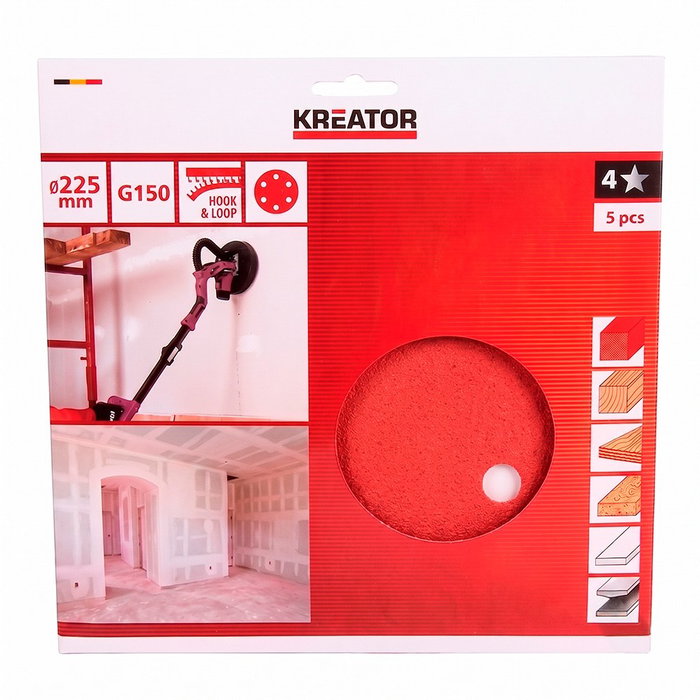 Kreator Disco de lija de cartón y yeso 225 mm grano 150 (5 unidades) Kreator Disco de lija de cartón y yeso 225 mm grano 150 (5 unidades)