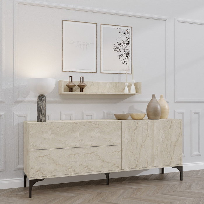 Hanah Home Stella - Consola Travertino 180cm x 55cm x 40cm con Estante de Pared