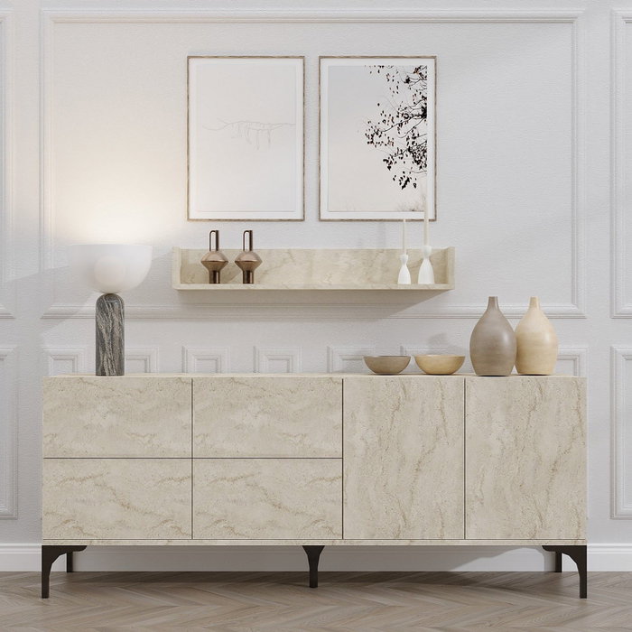 Hanah Home Stella - Consola Travertino 180cm x 55cm x 40cm con Estante de Pared