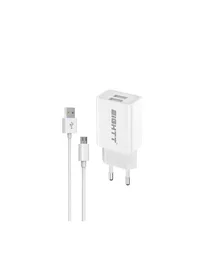 Eightt ECW-M Cargador de Pared 2 Puertos USB, 5V 2.4A, Cable Micro USB Incluido 1.2m, Blanco, Universal